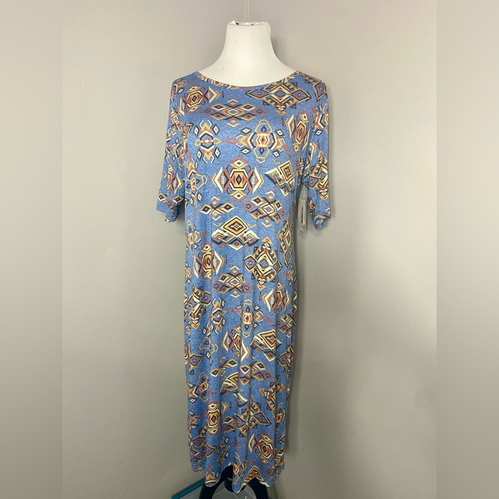 LuLaRoe Julia Dress Blue with Multicolored Aztec Pattern Midi Form Fitting - Picture 7 of 7